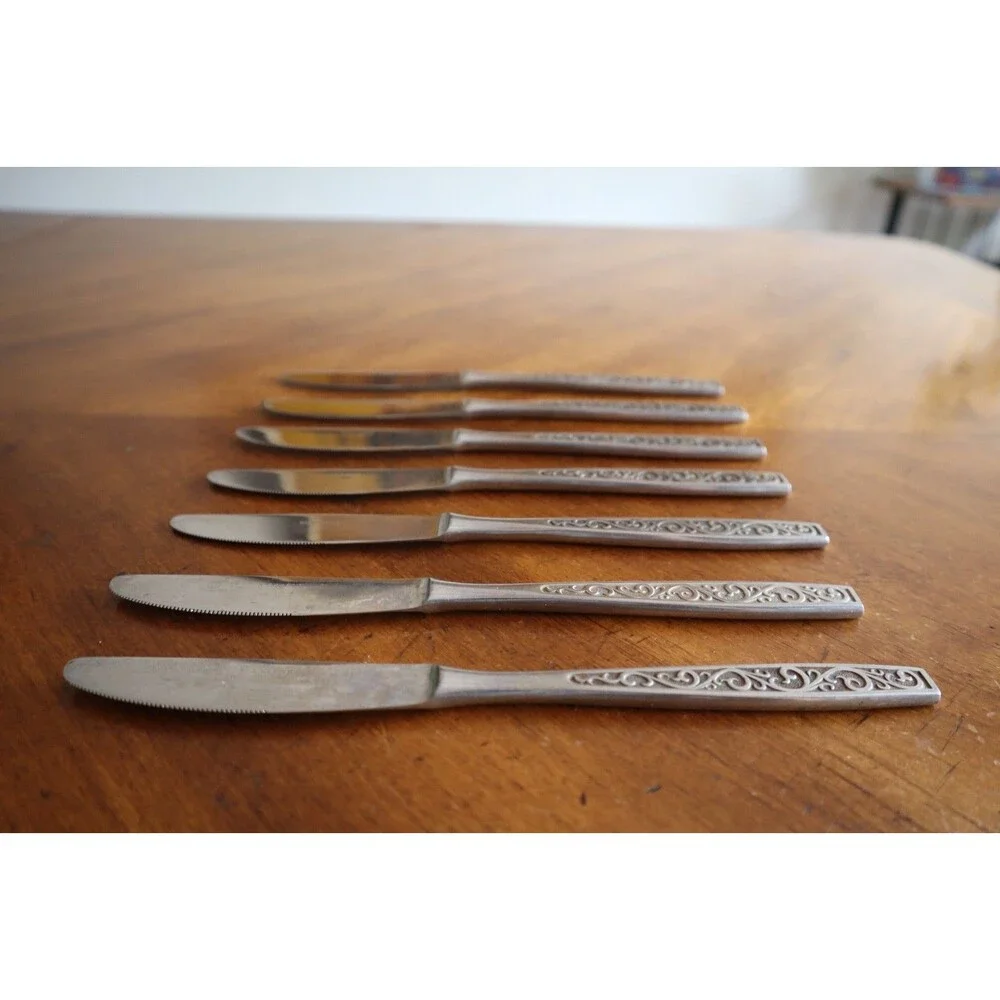 Lot 7x Imperial International IIC DAVOS Stainless Black Floral Dinner Knive 8.6